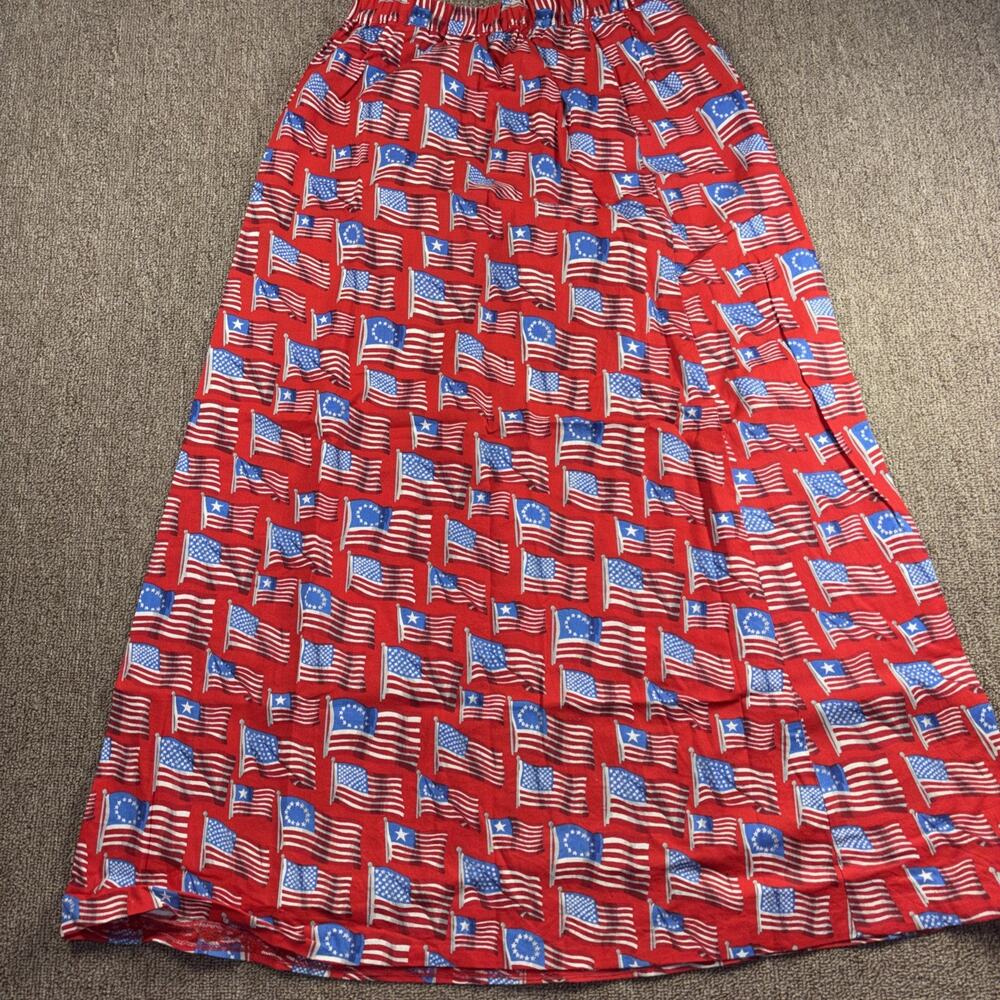 Vintage Handmade Patriotic Flag Print Maxi Skirt USA Stretch Waist